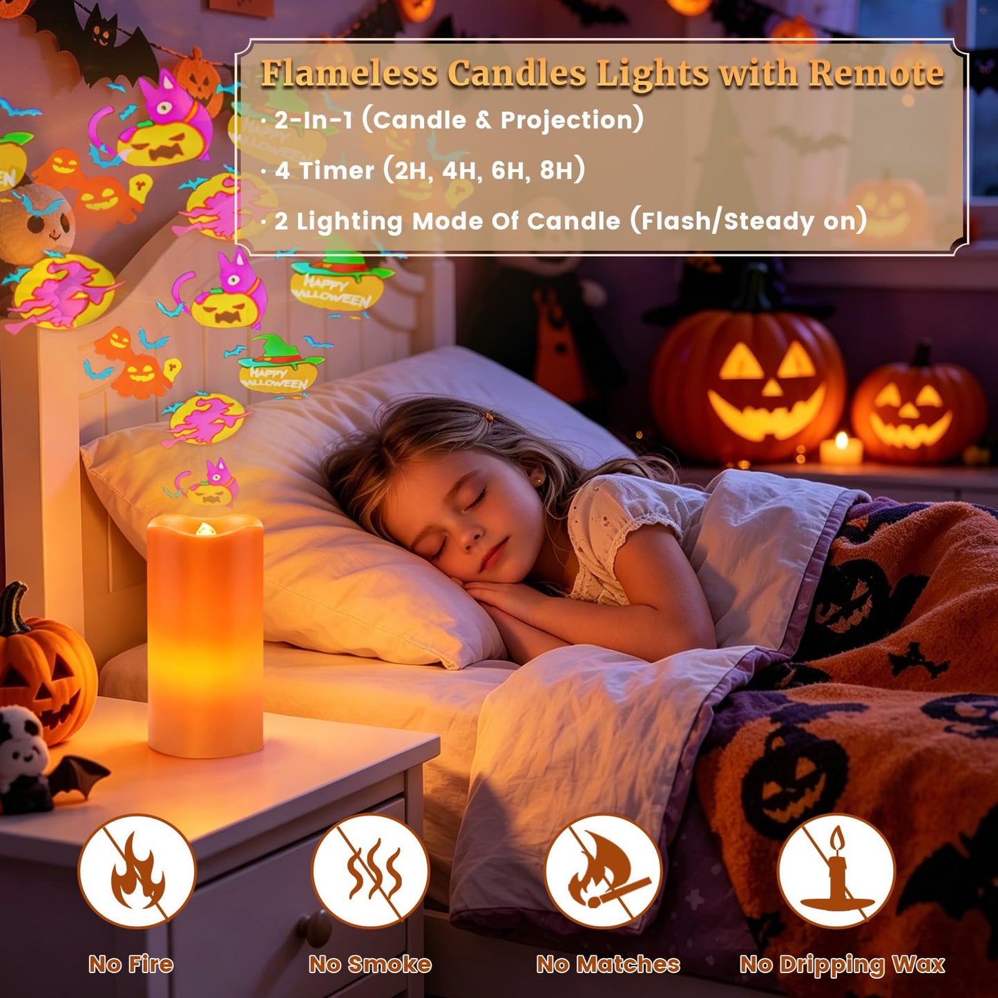 AVEKI Halloween Flameless Candles Projector, LED Pillar Candles with Remote and Timer, Battery Operated Romantic Projection Light for Wedding Home Decor, Gifts for Festival (Orange - Halloween)