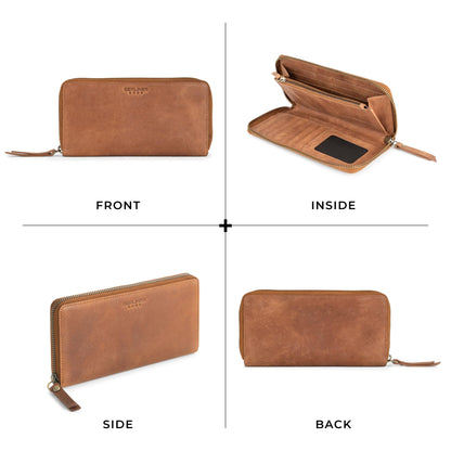 BERLINER BAGS Vintage Genuine Leather Wallet Margo, RFID Blocking Credit Card Holder, Slim Womens Wallet, Zip Around Wallet for 13 Cards and ID window, Bills, Coins - Brown