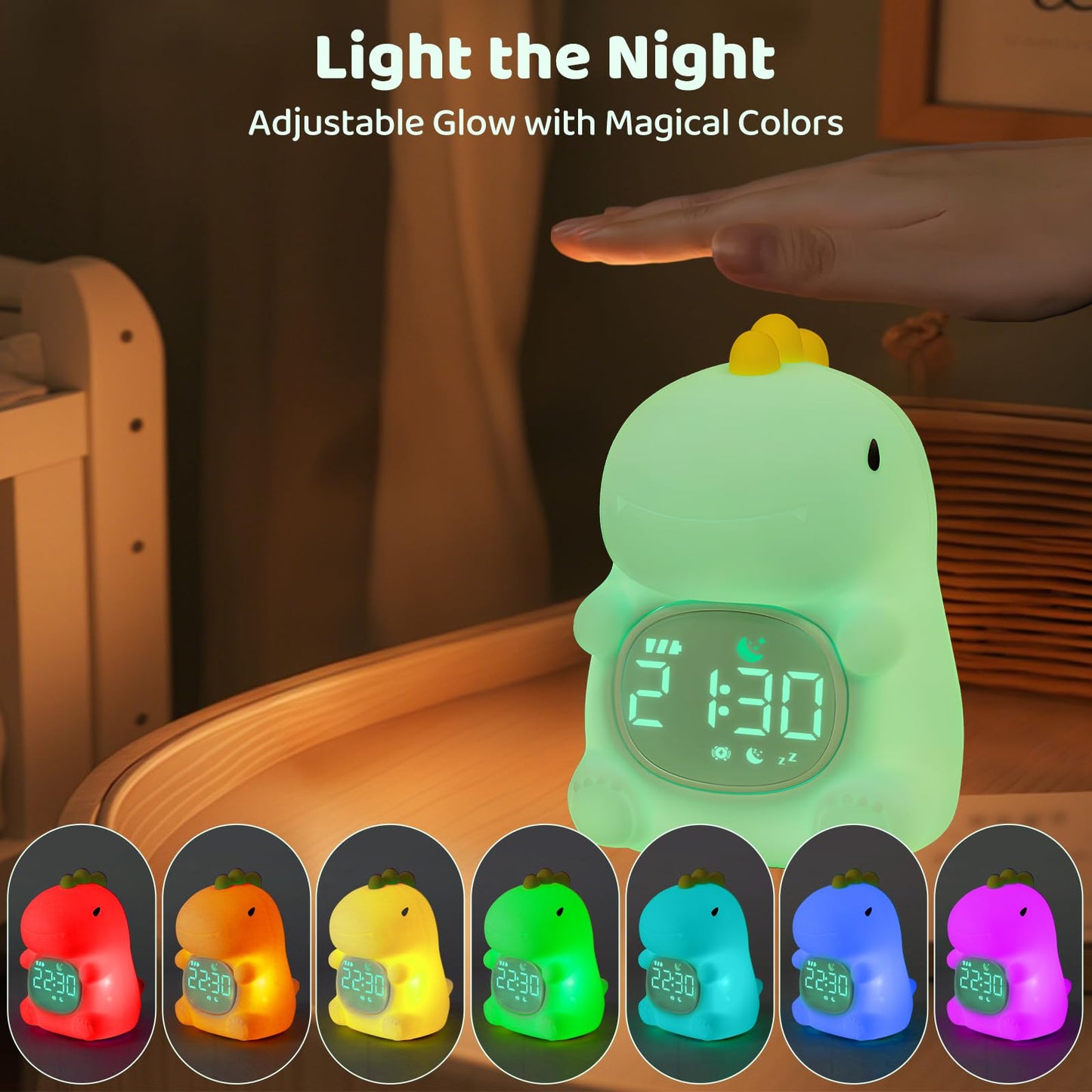 Dinosaurs Alarm Clock with Night Light for Kids with Sleep Training and Sound Machine, Rechargeable Silicone Lamp OK to Wake Clock，Cute Animal Tabletop Lamp, Perfect Sleep Companion for Boys Girls