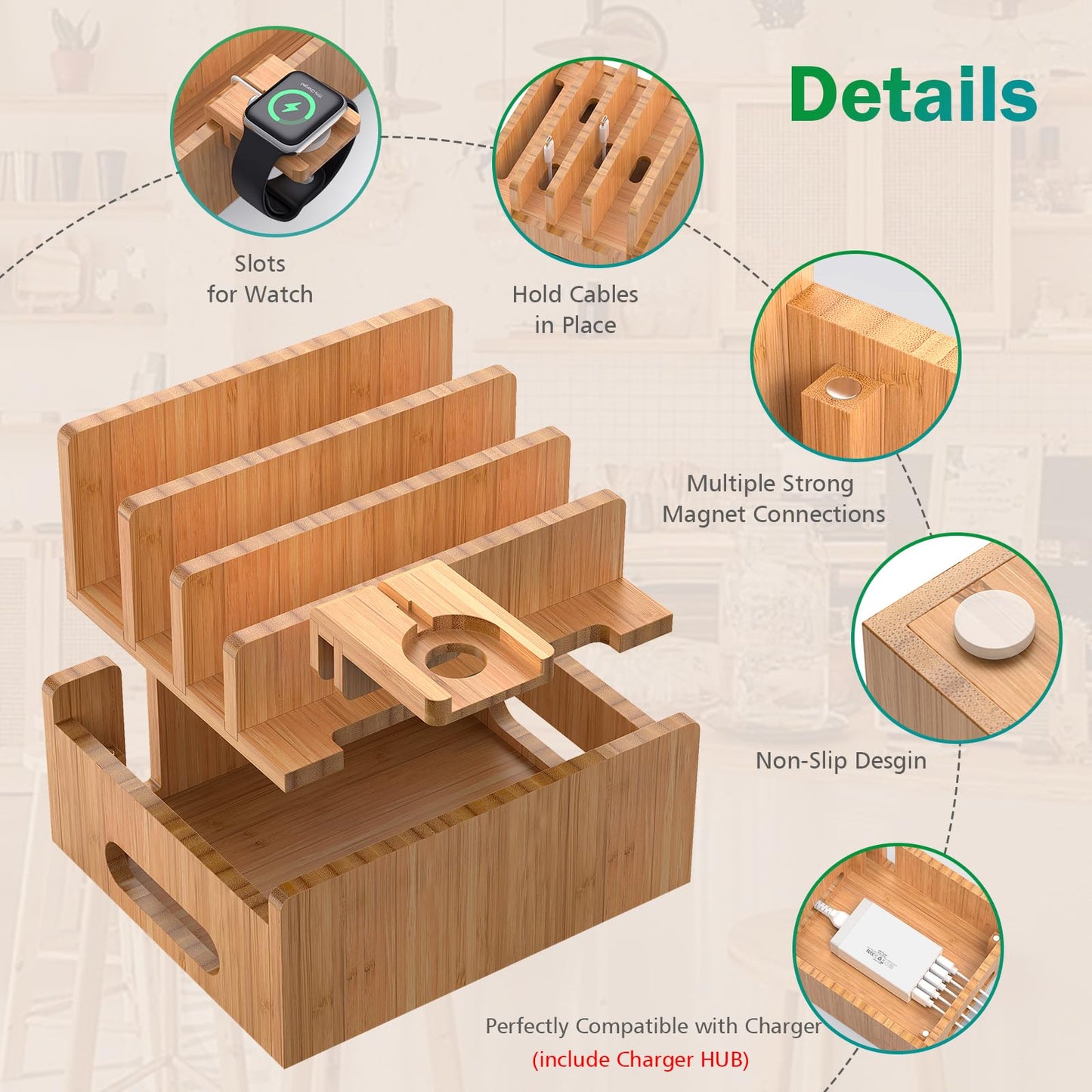 Pezin & Hulin Bamboo Charging Station for Multiple Devices with 5 Port USB Charger, 5 Cables, Smart Watch & Earbuds Stand, Desk Docking Stations Electronic Organizer for Cell Phone, Tablet