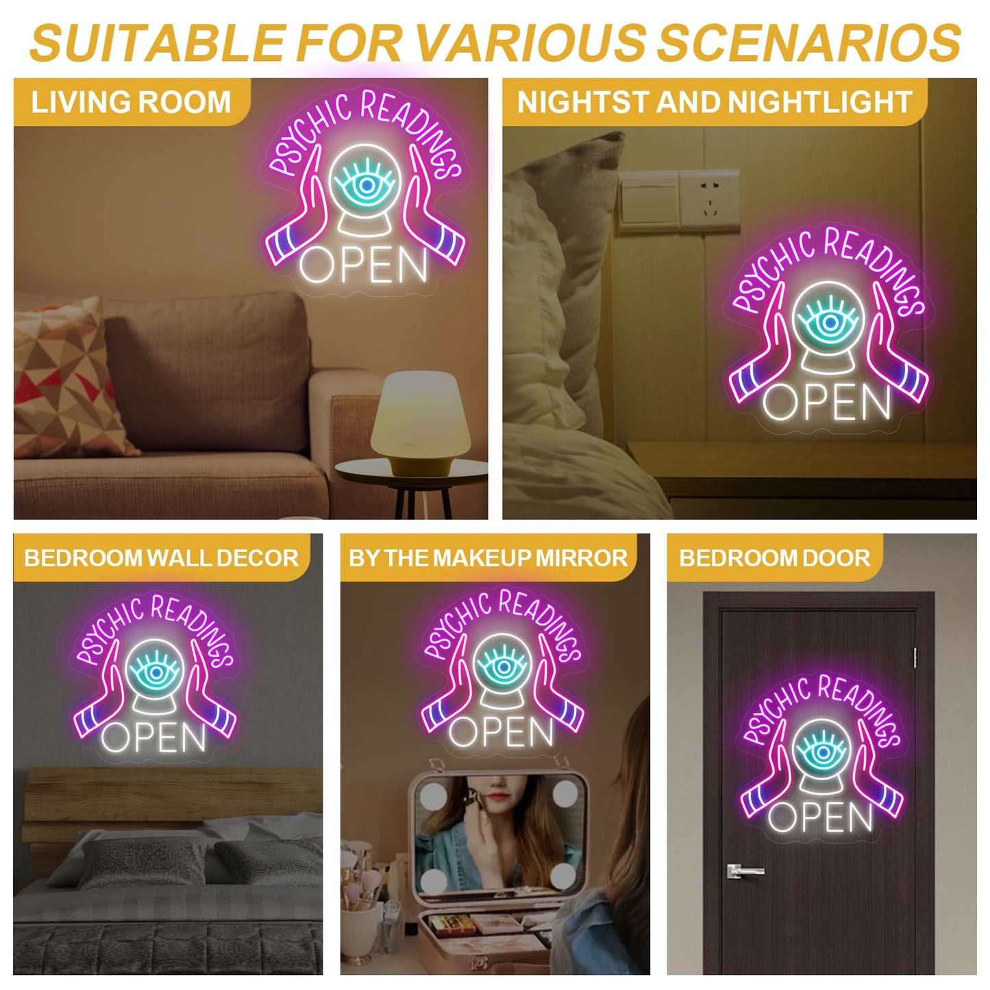 Psychic Readings Open Neon Sign, Palm Reader Wall Light, Home Wall Decor, Yoga Led Sign, Exercise Room Wall Decor, Pilates Studio Art Meditation Room Wall Art Psychic Chakras Healing Exercise