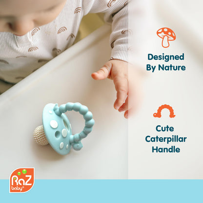 RaZbaby Chompy Teether – Soft Silicone Teething Toy for Infants & Babies 3M+, Massaging Bristles for Teething Relief, Hands-Free & Easy to Hold, Sensory Development, BPA-Free - Great Gift - Red/Green