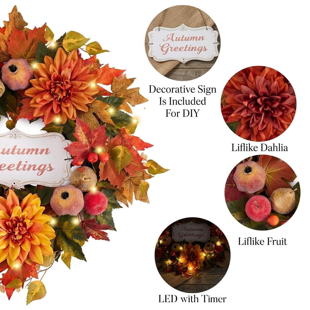 Valery Madelyn 24'' Collapsible Pre-Lit Fruits Fall Wreath for Front Door