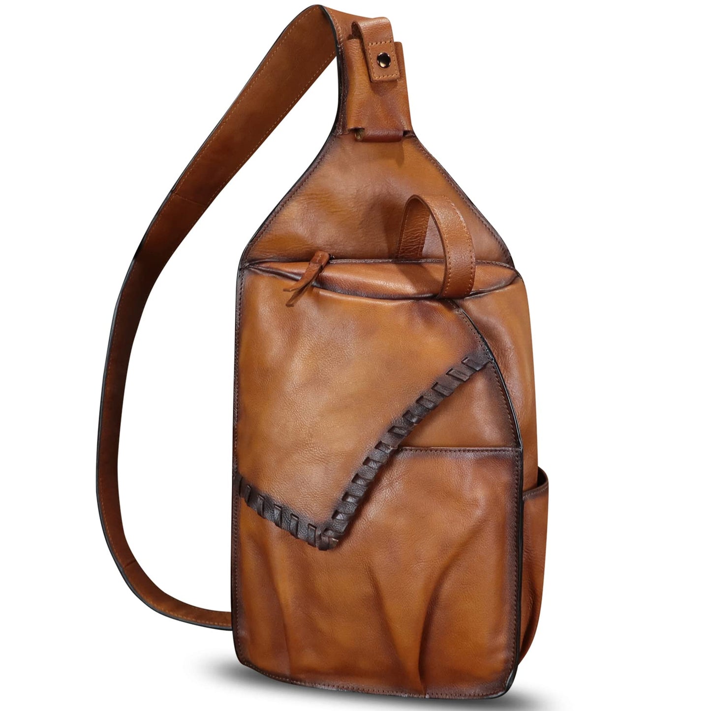 FEIGITOR Genuine Leather Sling Bag for Men Handmade Retro Crossbody Backpack Purse Hiking Daypack Chest Shoulder Fanny Pack (Brown)