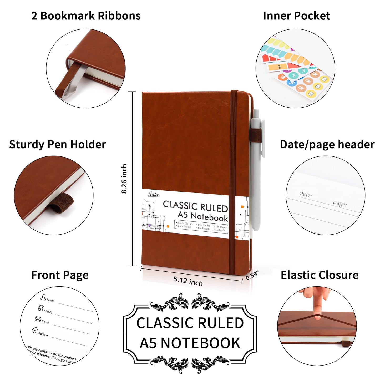 feela 24 Pack Journal Notebook for Work, Business Notebook Bulk Hardcover Lined Writing Journal with Pen Holder for Men Women Note Taking, with 24 Black Pens, 120 GSM, 5.1”x8.3”, A5, Brown