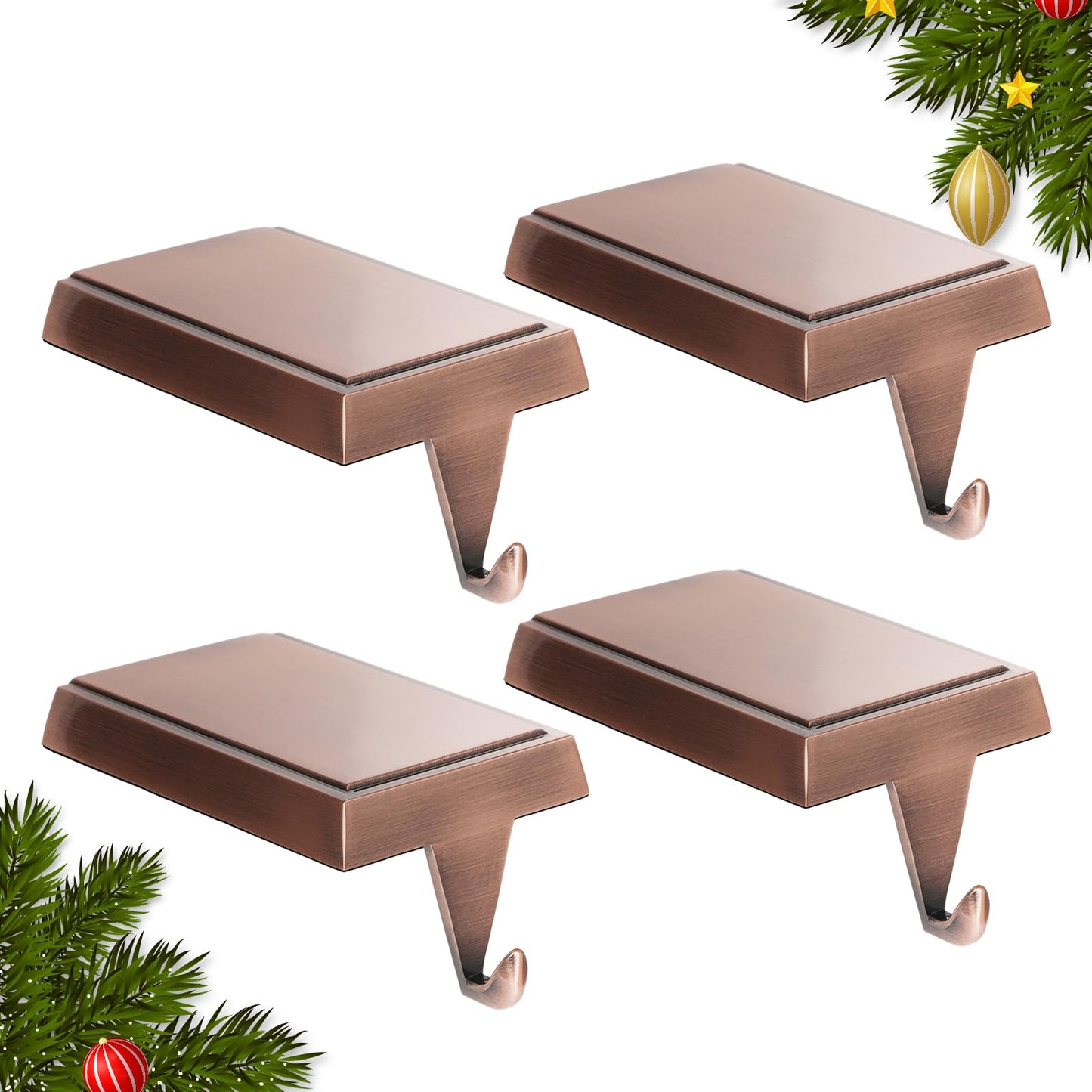 SINTENILL Christmas Stocking Holders for Mantle Set of 4, Heavy Weighted Metal Stocking Holders Hangers Low Profile Stocking Hooks Bases for Fireplace Table Xmas Holiday Party Decoration, Copper
