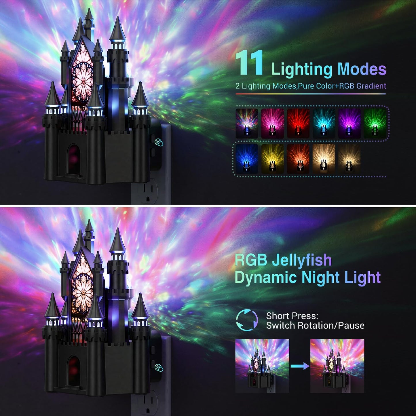 JandCase Night Lights Plug into Wall, 2 Pack Castle & Church Decor Night Light with Diamond Lens,RGB & 3000K Change Nightlight,Dimmable Nightlights with Dusk to Dawn Sensor for Rooms Hallway