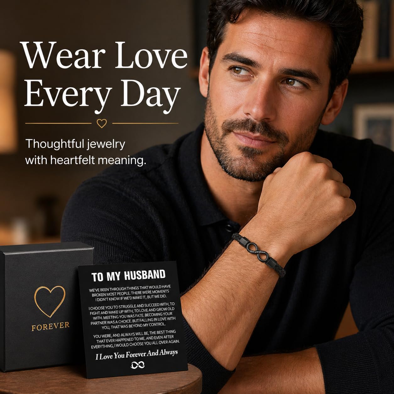 To My Husband Bracelet, Stainless Steel Engraved Love You Forever Black Braided Leather Promise Wristband Bracelets With Encouragement Message Card Anniversary Birthday Jewelry Gift (Husband Infinity-21)