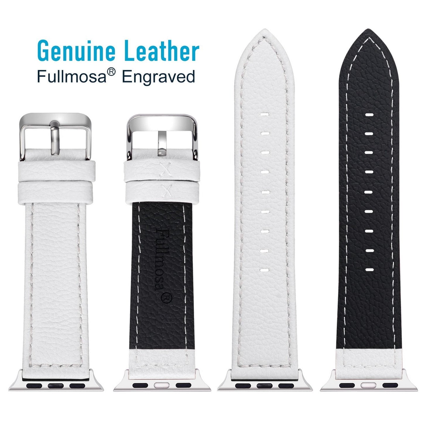 Fullmosa Compatible with Apple Watch Band Leather 49mm 46mm 45mm 44mm 42mm 41mm 40mm 38mm for iWatch Series 11/10/9/8/7/6/5/4/3/2/1, Ultra3/2/1, SE3/2/1, White + silver buckle