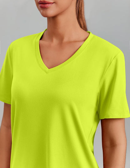 PINSPARK Tennis Shirts for Women Short Sleeve V Neck Moisture Wicking Workout Tops Quick Dry Athletic Gym Golf T-Shirts,Neon Green Large