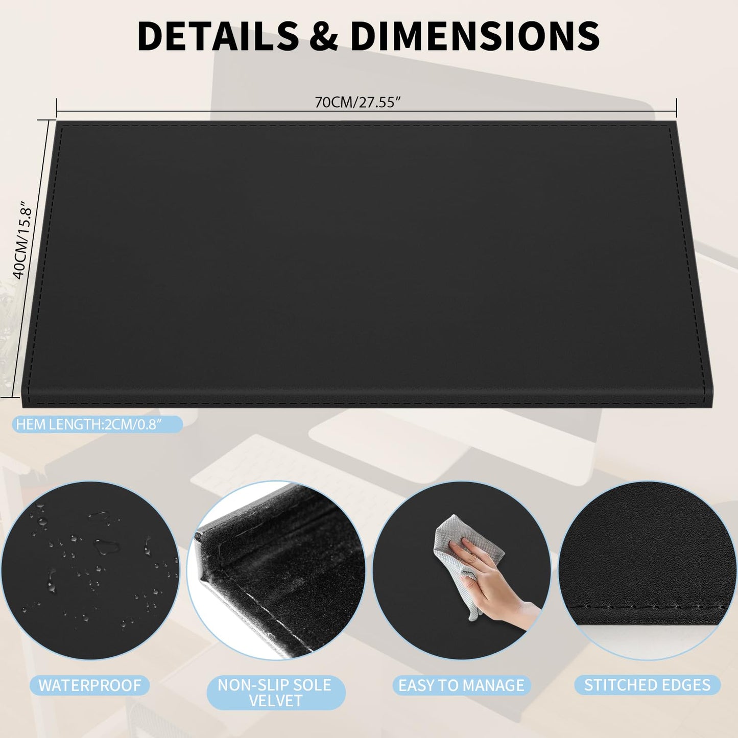 AKOZLIN 27.55”x 15.8" Soft PU Leather Surface Office Desk Mouse Mat Anti-Push Pad with Full Grip Fixation Lip Table Blotter Edge-Locked Protector