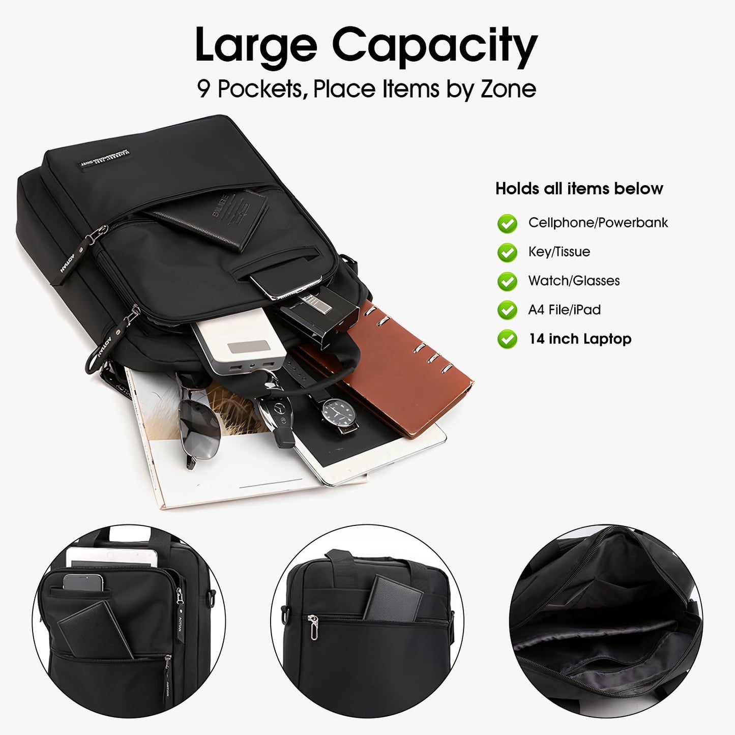 Coolymee Nylon Messenger Bag for Men,14-inch Laptop Bag Large Casual Crossbody Shoulder Bag Waterproof Handbag Lighweight Sling Pack with Adjustable Straps for Work Business Travel
