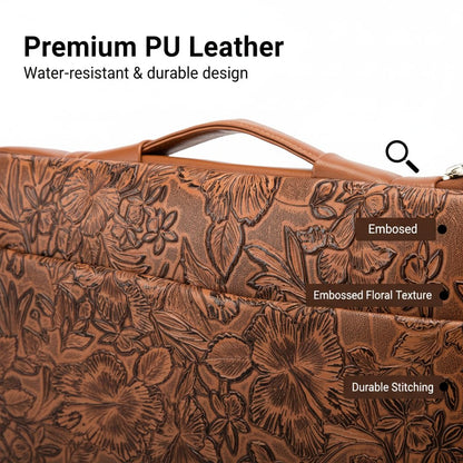 Kinmac Embossed PU Leather 360° Heavy Duty Protective Laptop Sleeve with Poacket (Coffee Flower, 15 inch-15.6 inch)