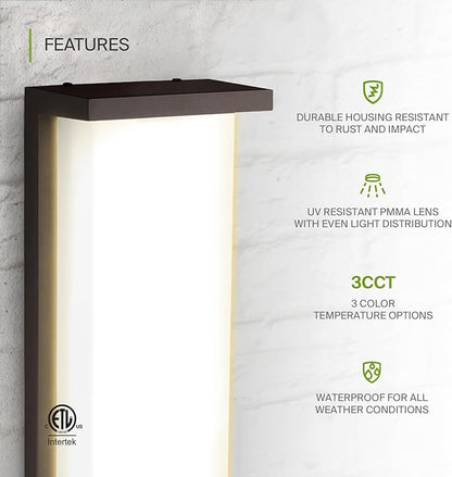 ASD LED 14" Outdoor Wall Light, Front Door House Sconce | 3CCT, Dimmable, Waterproof, ETL Listed | 20W 1900LM 3000-5000K 120V | Exterior Patio Lighting Fixture, Flush Mount Porch Lamp | Dark Bronze
