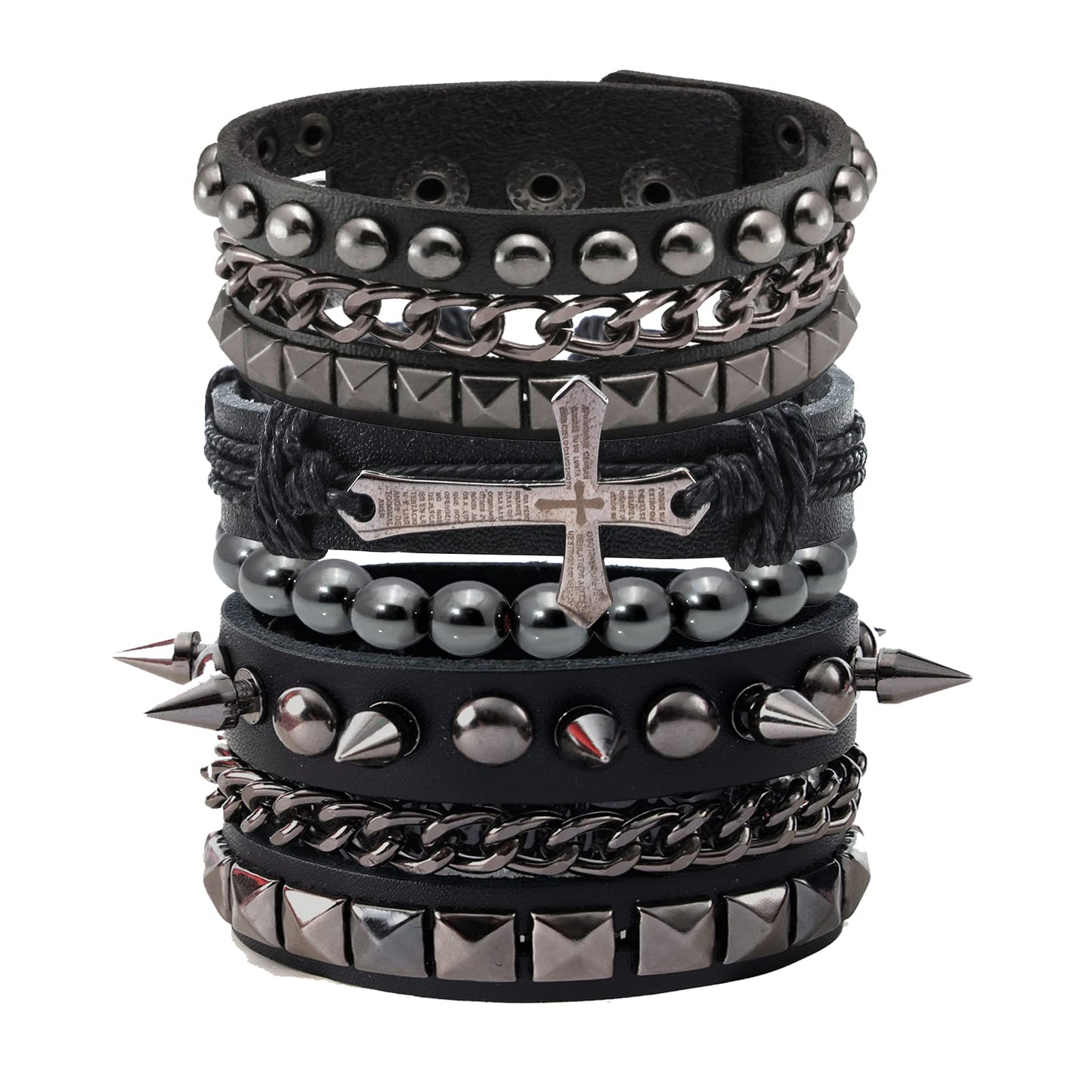 Eigso Punk Cross Leather Cuff Bracelets for Men Women Retro Vintage Chain Bracelet Set for Man Woman