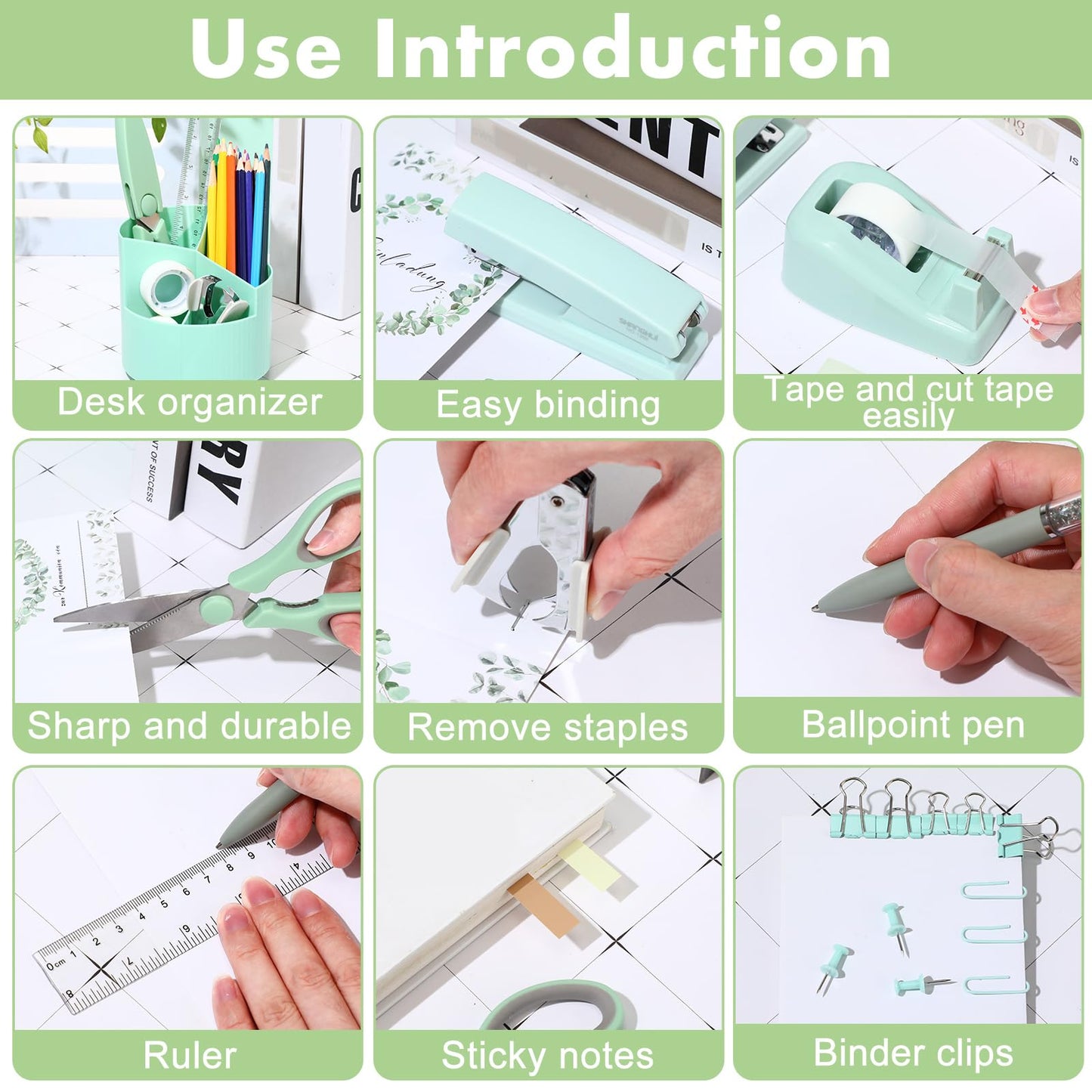 Marspark Sage Green Office Desk Accessories 12 Pcs Office Supplies Set 360° Rotating Pen Holder, Stapler, Tape Dispenser, Scissor, Sticky Notes, Binder Clips, Desk Organizers Gift for Home School
