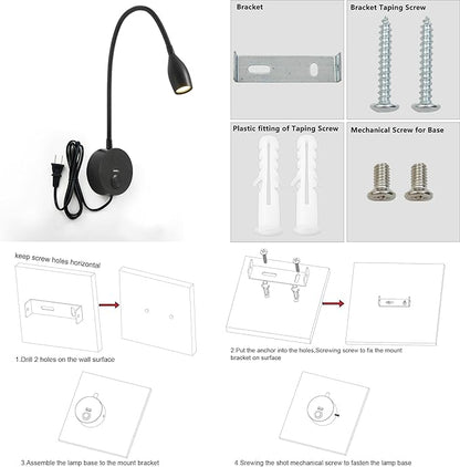 Dimmable Reading Light Plug in Wall Mounted Bedside Headboard Reading Light Task Directional Gooseneck LED Light 3W Output (Black, 120V Plug in, Warm White)