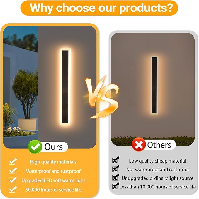 2 Pack 39 Inch Black Outdoor Wall Light 3000K Modern Exterior Wall Sconce Long LED Linear Exterior Lights for Patio Garage Garden