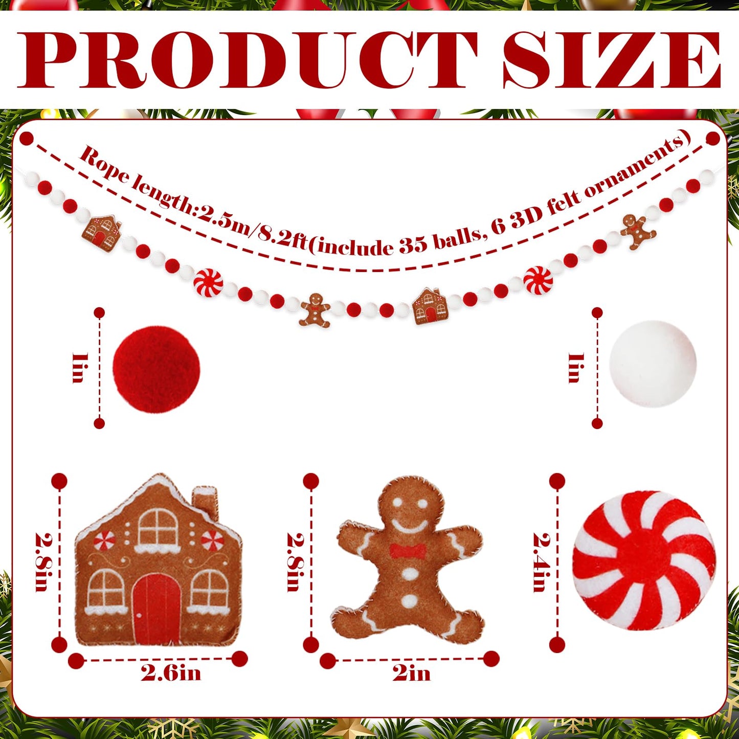 JarThenaAMCS 8.2Ft Christmas Felt Banner Hanging Garland 3D Gingerbread Man & House Red White Pom Ball Banner for Home Mantel Wall Window Decor Party Supplies