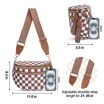 Checkered Crossbody Bag,Nylon Bum Bags for Women Crossbody,Spacious Sling Bag Purse Fanny Packs with Shoulder Strap