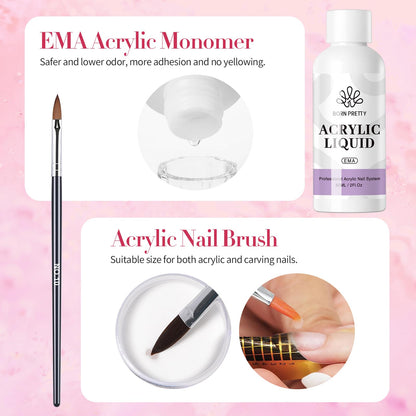 BORN PRETTY Acrylic Nail Kit - Acrylic Powder (Clear, White, Pink) & Liquid Set with Nail Forms, Brush Pen, File & Glass Container - Beginner Friendly