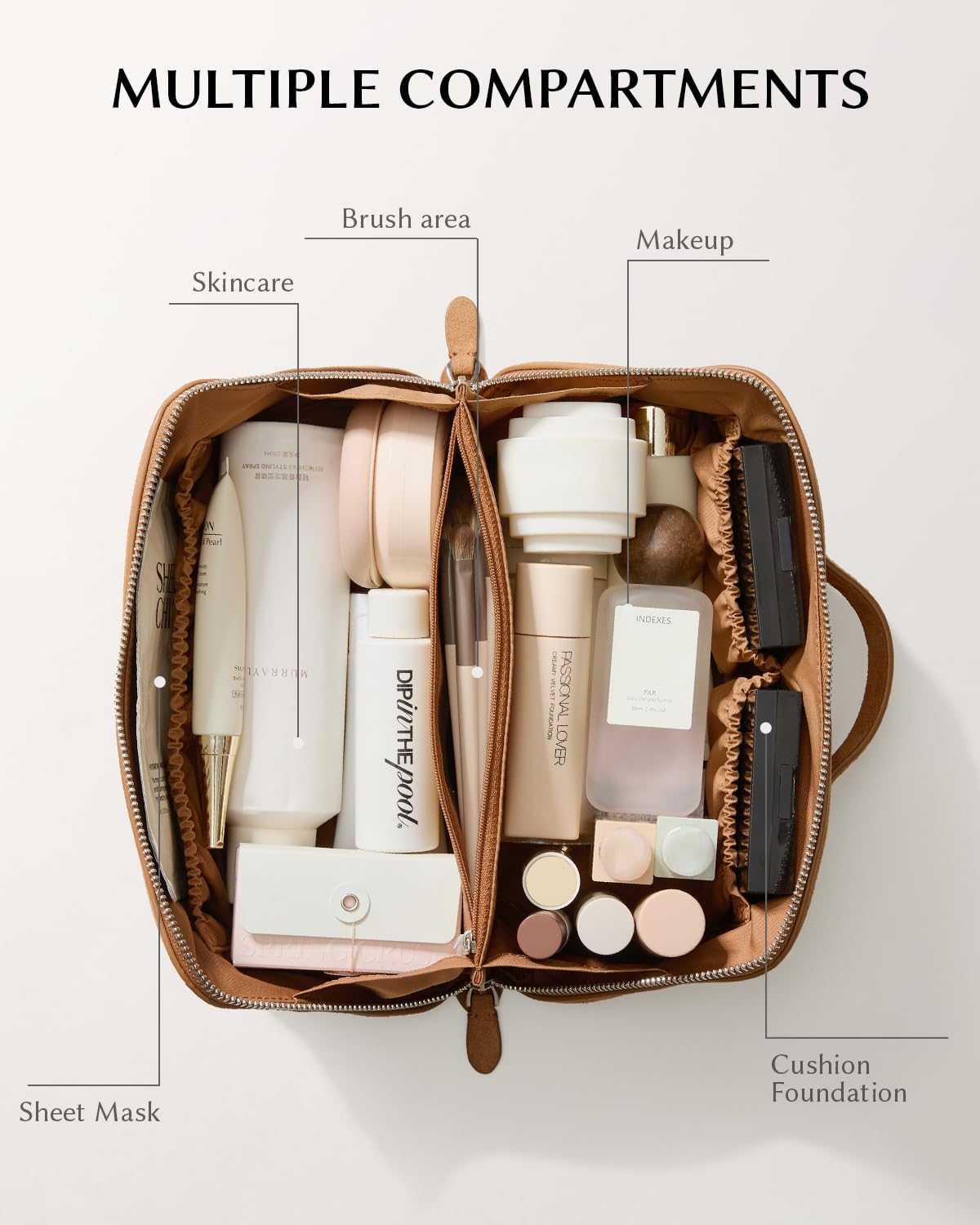 EACHY Leather Makeup Bag, Portable 180° Wide-Open Flat Cosmetic Bag for Women, Large Capacity Make Up Organizer Makeup Pouch with Divider and Handle