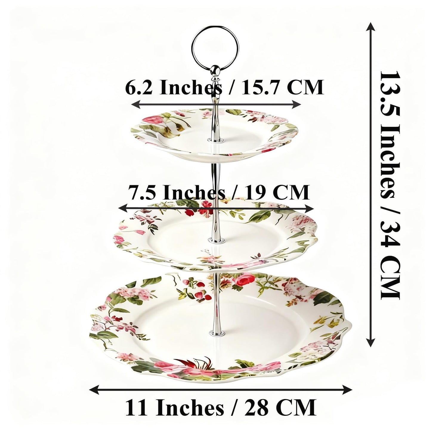 3-Tier 13.5 Inches Big Round White Porcelain Cakes Fruit Stand Plates, Cupcakes Serving Display Set, Ceramic Pastry Dessert Appetizer Candy Buffet Tray Towers Platter for Wedding Home Party - Flowers