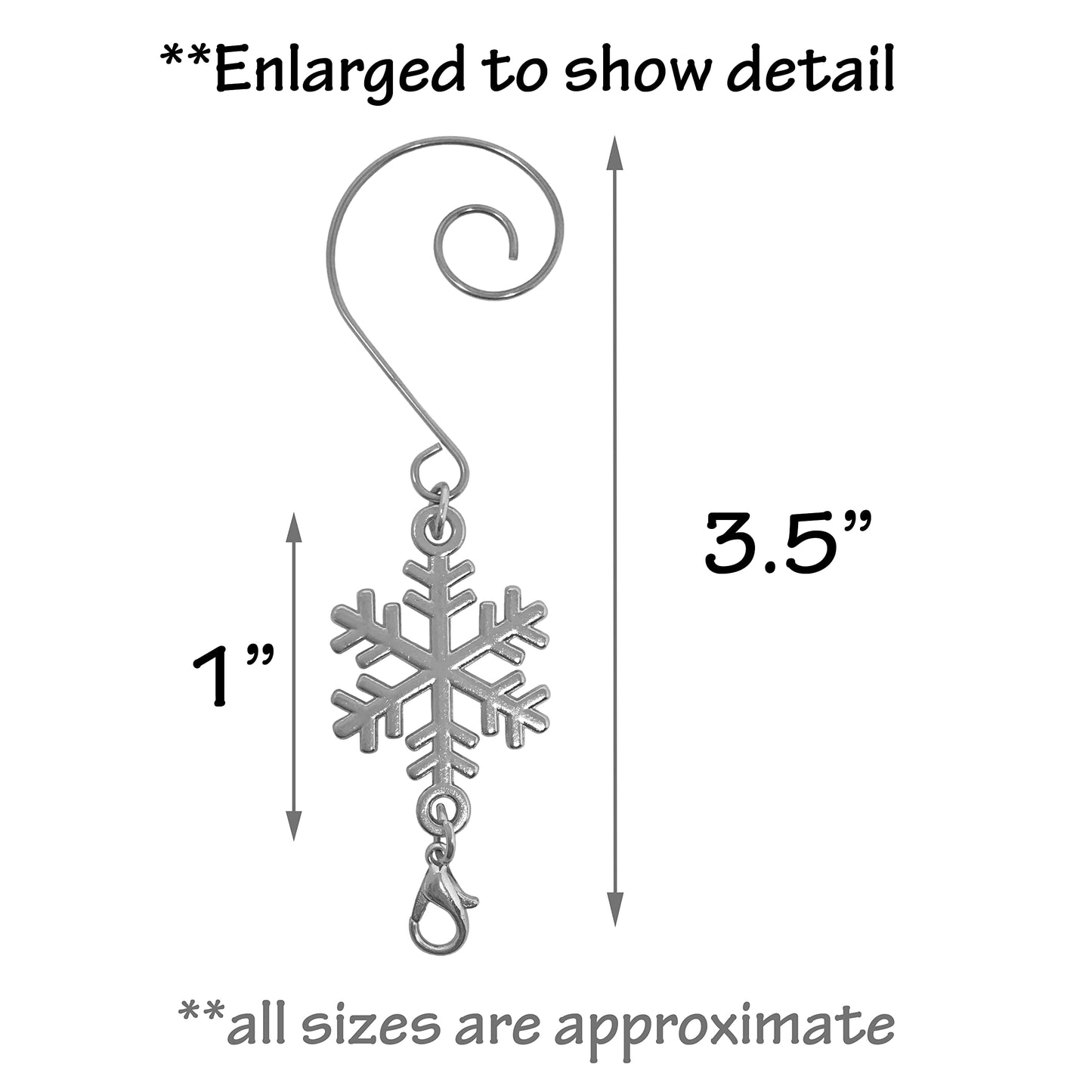 Snowflake Christmas Ornament Hooks Set of 12, Shiny Silver Christmas Tree Hangers with S-Hook and Lobster Claw, 3.5 Inch Metal Snowflake Accessories for Xmas Tree Decor, Crafts, Holiday Displays
