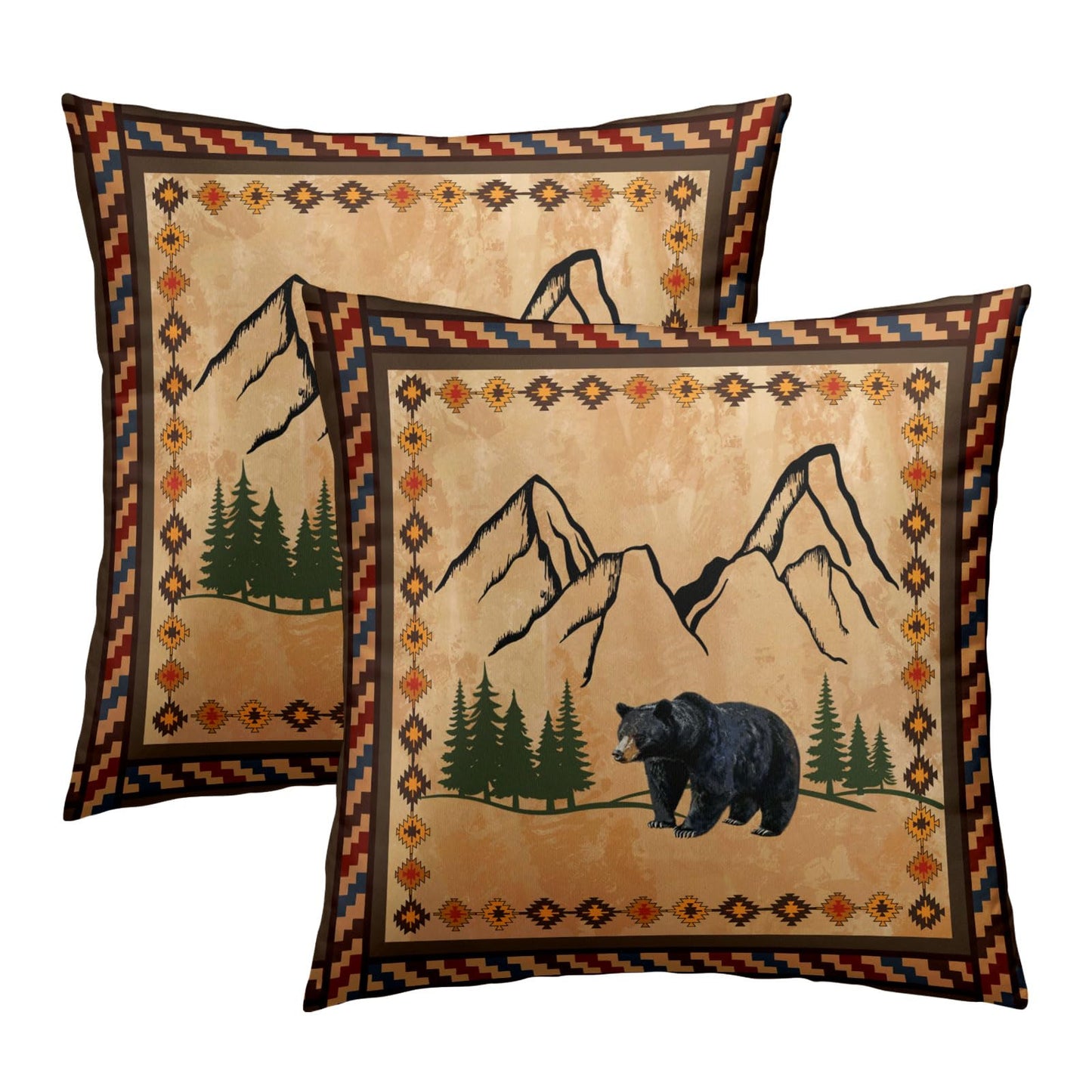 Imiss Bear Brown Throw Pillow Covers 18 x 18 Inch Set of 2 Rustic Cabin Green Forest Mountain Pillow Cover Boho Style Decorative Soft Cotton Cushion for Home Couch Sofa Porch