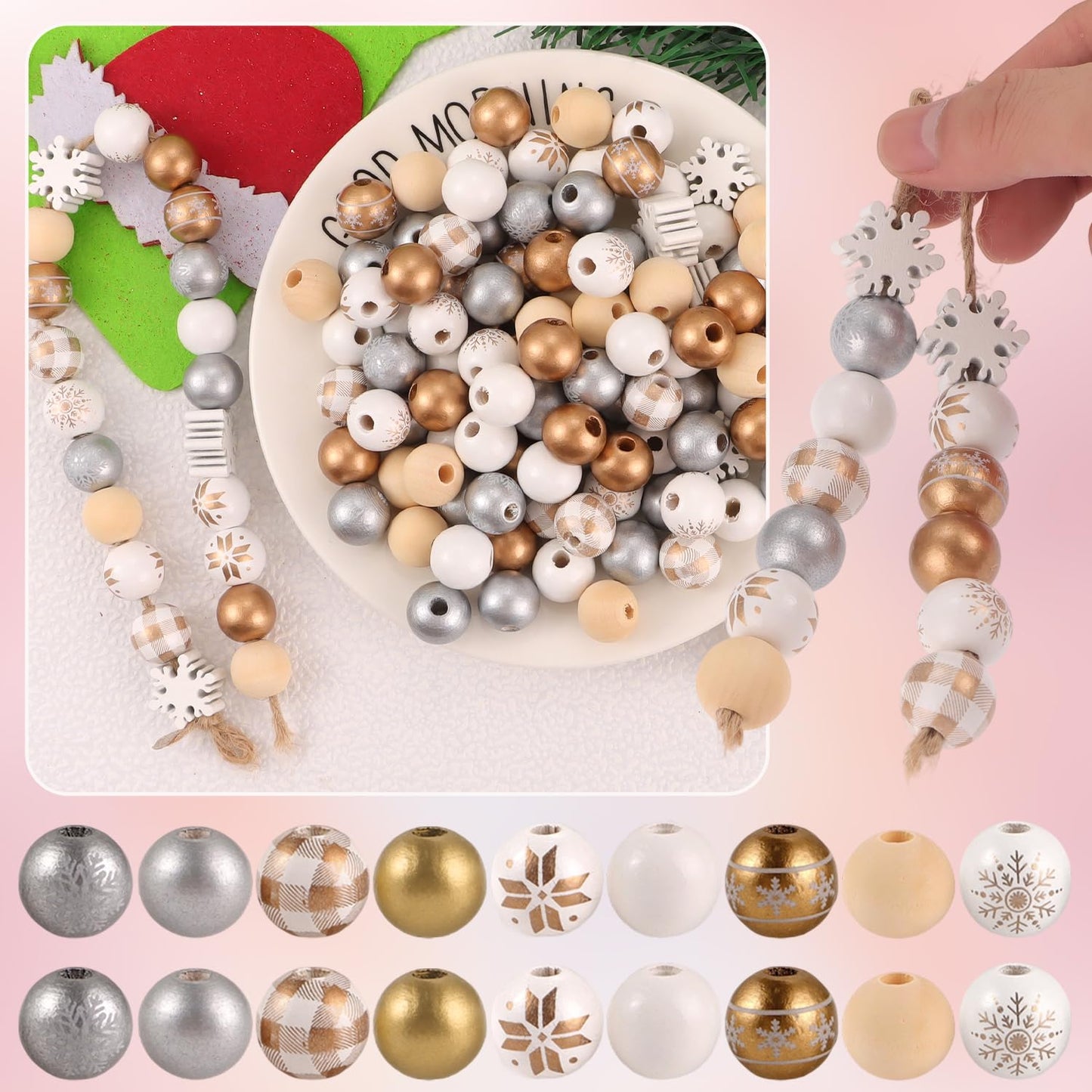 210 Pcs Golden Wood Beads Winter Gold Silver White Snowflake Wooden Craft Beads Bulk for Xmas DIY Garland Necklace Bracelet Jewelry Making Home Decor