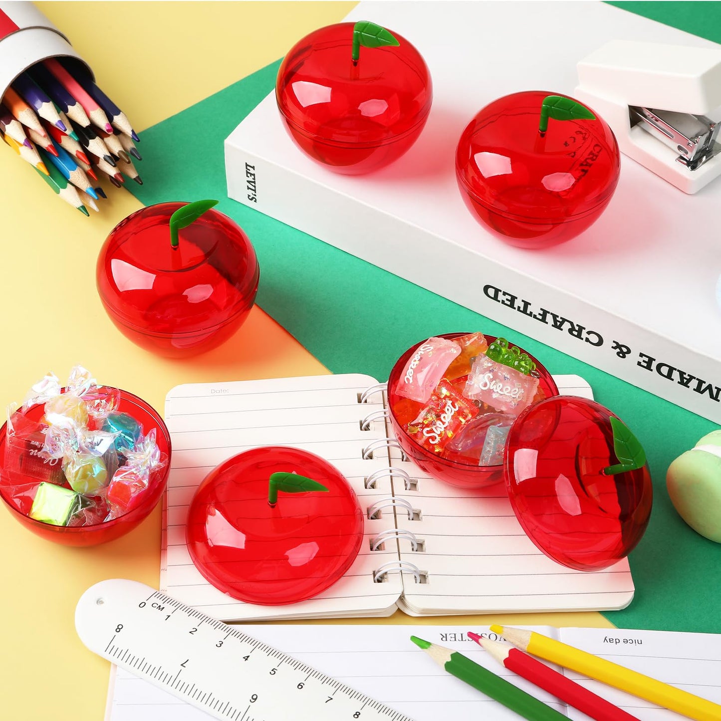 Jansun 12 Pcs Plastic Apples Containers Teacher Gifts Bulk Red Clear Apples Container Apples Decorations for Back To School Candy Holder Rosh Hashanah Christmas Party Favor