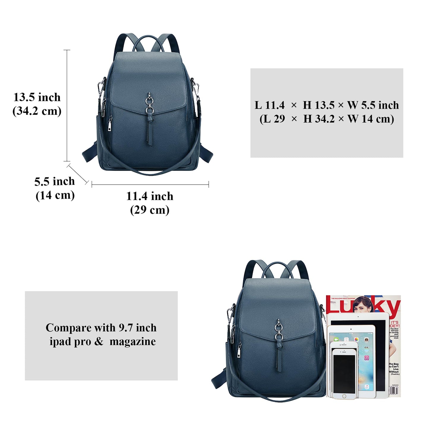 ALTOSY Women Leather Backpack Purse Fashion Convertible Ladies Shoulder Bag with Flap (S96 Indigo Blue)