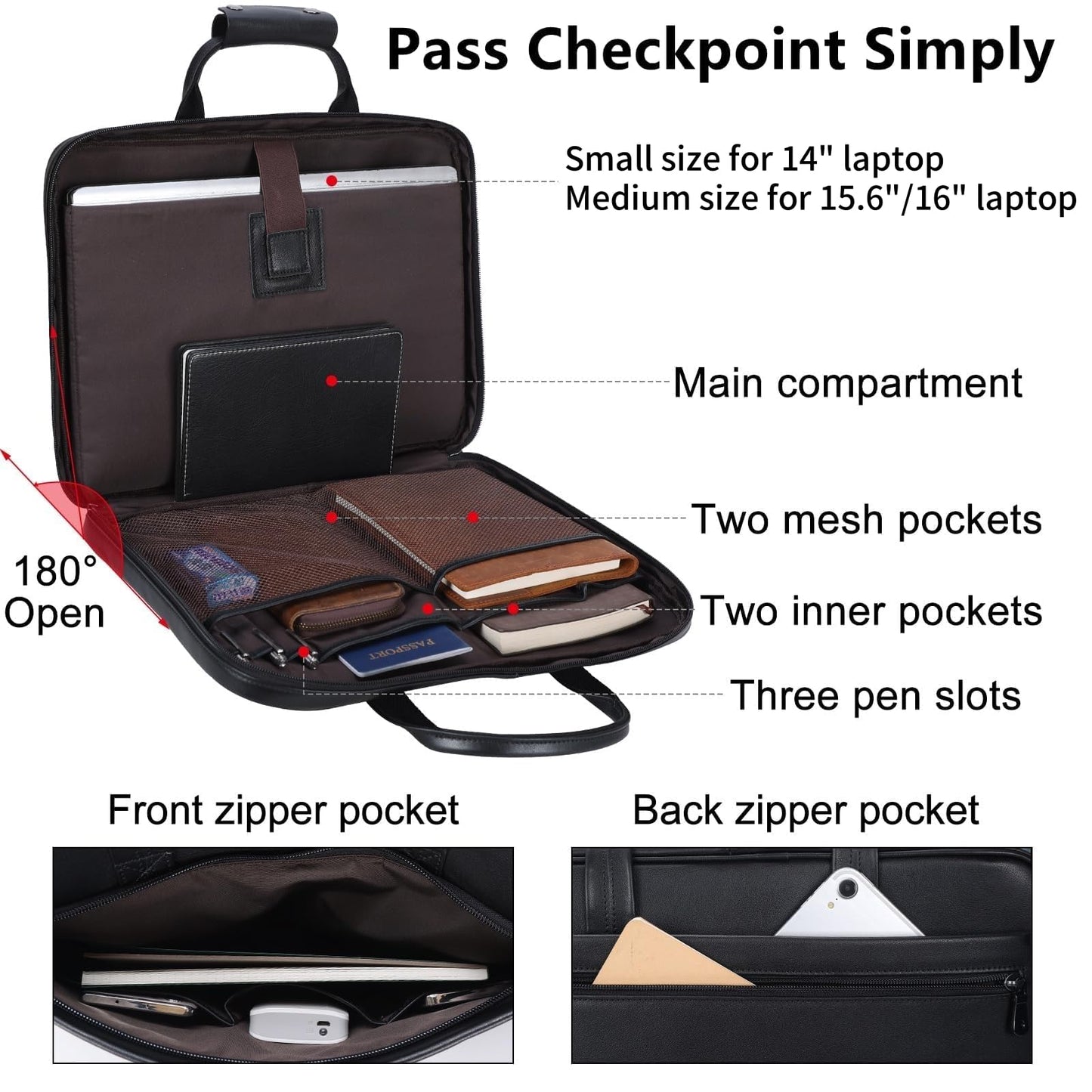 Masa Kawa Black Leather Slim Briefcase 14 Inch Laptop Bag for Men Crossbody Shoulder Messenger Computer Bags Attache Case for Business Work Lawyer