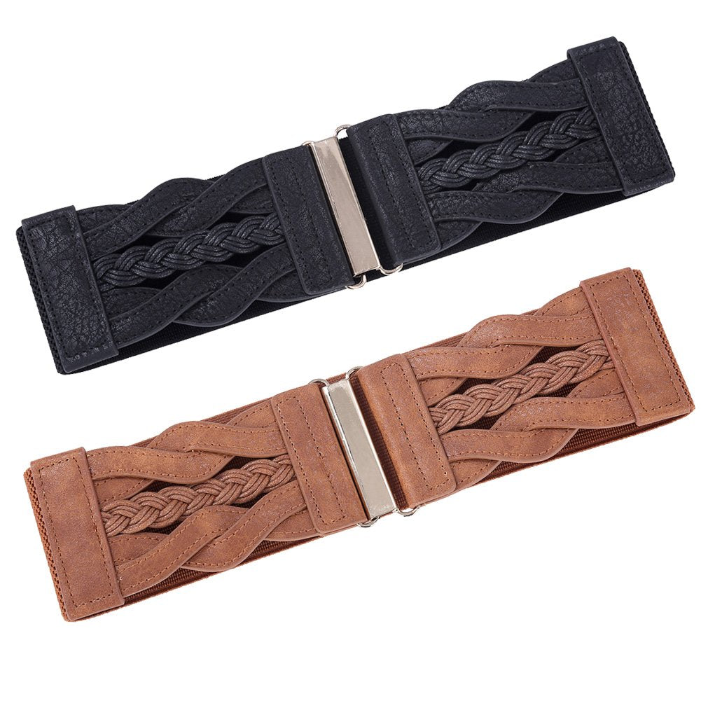 GRACE KARIN Womens Wide Elastic Belts PU Leather Waist Belts Vintage Fashion Woven Belt for Dresses Black Brown 2XL