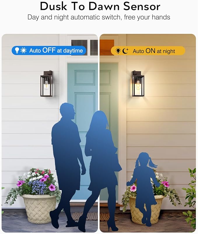 VIANIS 2 Pack Large Dusk to Dawn Exterior Garage Lighting Fixtures, Oil Rubbed Bronze Porch Lights Outdoor Wall Sconce Lantern, Modern Outside House Lights Wall Mount for Front Door, Coach