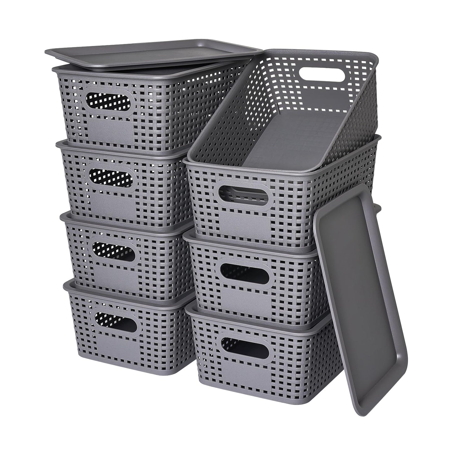 Plastic Storage Baskets with Lid-Plastic Storage Containers Stackable Storage bins: Storage Baskets for Organizing Shelves Drawers Desktop Closet Playroom Classroom Office,8 Pack-Gray10.2x7.2x4.1Inch