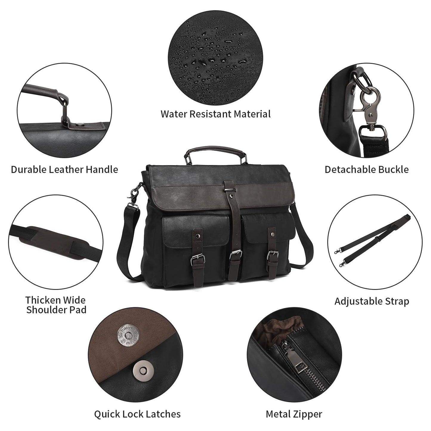 Leather Messenger Bag for Men,15.6 Inch Vintage Mens Laptop Bag Water Resistant Business Travel Briefcase Satchel Work Computer Bag Black
