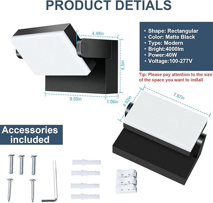 40W LED Outdoor Wall Light, 5000K Daylight Waterproof Floodlights, 360 ° Adjustable Wallpack Lighting Modern Security Commercial Exterior Wall Mount Fixture for Yard Hardwired Super Bright