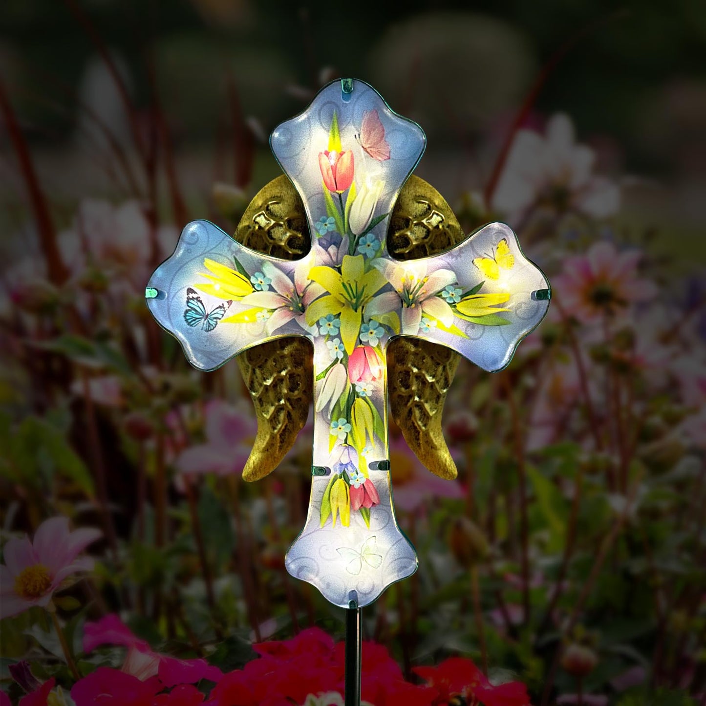 Solar Cross Garden Stakes for Graves,Lily Cemetery Decorations Yard Patio Decor,Golden Angel Wings Cross Lights Outdoor,Remembrance Gifts