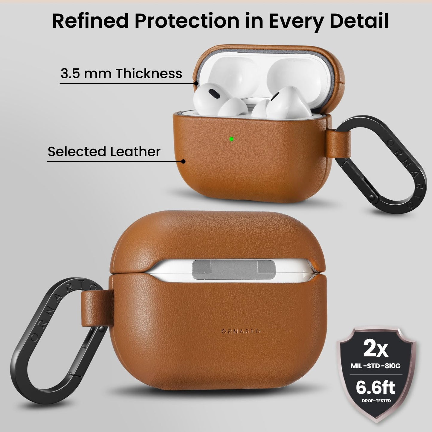 ORNARTO Compatible with AirPods Pro 2 Case, Full Protective Vegan Leather Cover for Airpods Pro 2nd / 1st Generation (2022/2019), Front LED Visible, Brown Leather