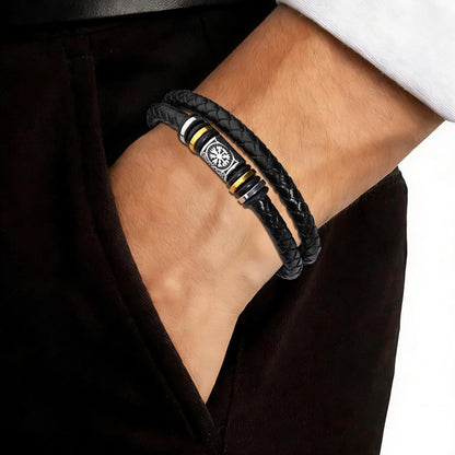 leejory Viking Bracelet for Men, Double-Row Braided Genuine Black Leather Cuff Wristband Norse Compass Symbol Vegvisir Bracelets, Nordic Jewelry Religious Pagan Amulet Gift for Mens Teen Grandson Son