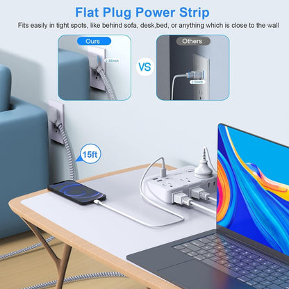 Flat Plug Power Strip Surge Protector, 5ft Ultra Thin Extension Cord with 4 USB Wall Charger(2 USB C Port), 6 Widely-Spaced Outlets Power Strip Compact for Travel, Office, Dorm Room Essentials (White)