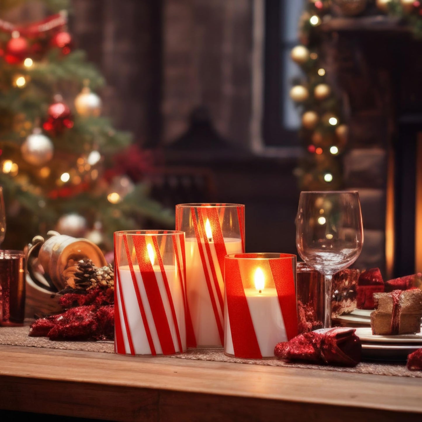 Glooglitter 3 Pcs Candy Cane Flameless Candles with Remote Timers Red Stripe Glass Candlestick Christmas Battery Operated Candles LED Flickering Candlestick for Christmas Party Home Decor