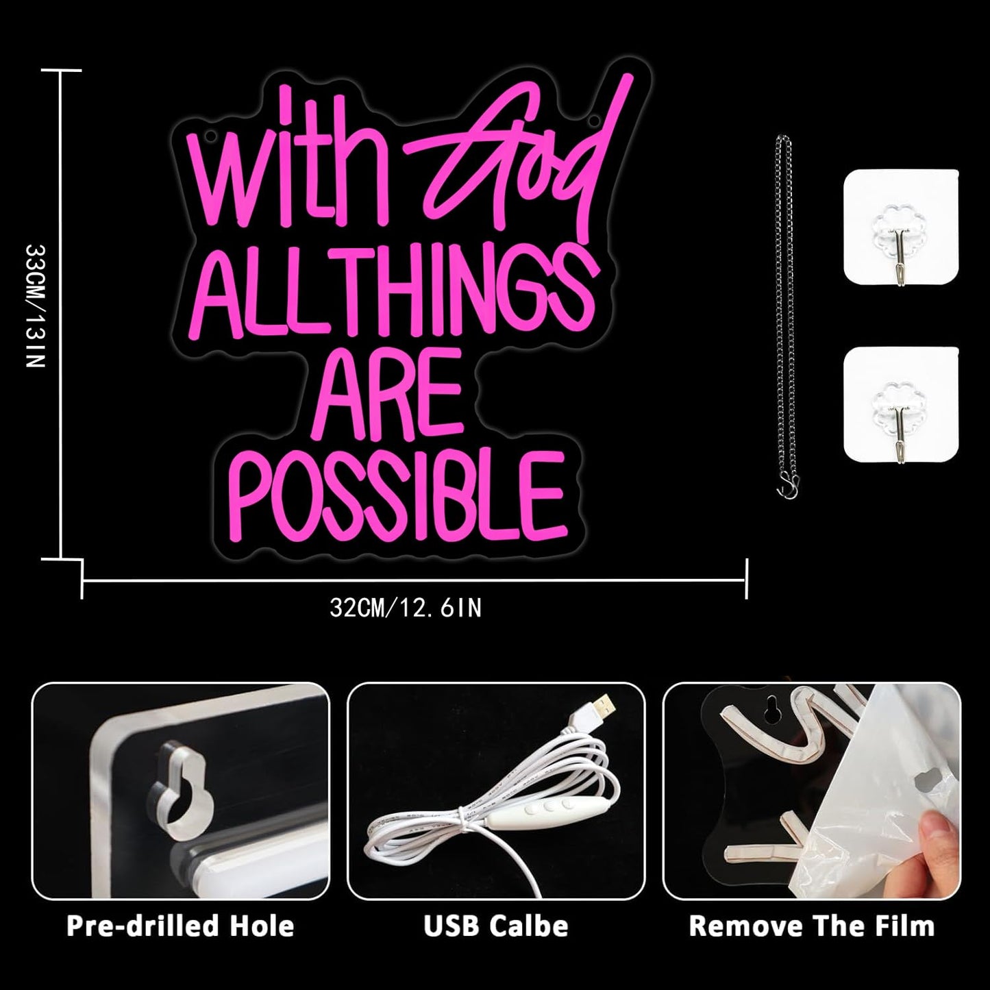 With God All Things Are Possible Neon Sign Pink God Led Lights for Wall Decor Letter LED Neon Lights Dimmable USB Powered for Room Party Wedding Church Decor