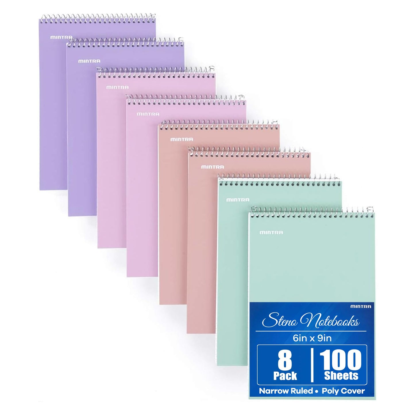 Mintra Office Steno Books Set - Top-Spiral Bound, Narrow Ruled, 100 White Tint Sheets, Pastel Covered Notebooks for Office & School, Colorful Lavender, Sage, Salmon, Spring Pink,6"x9", 8 Pack