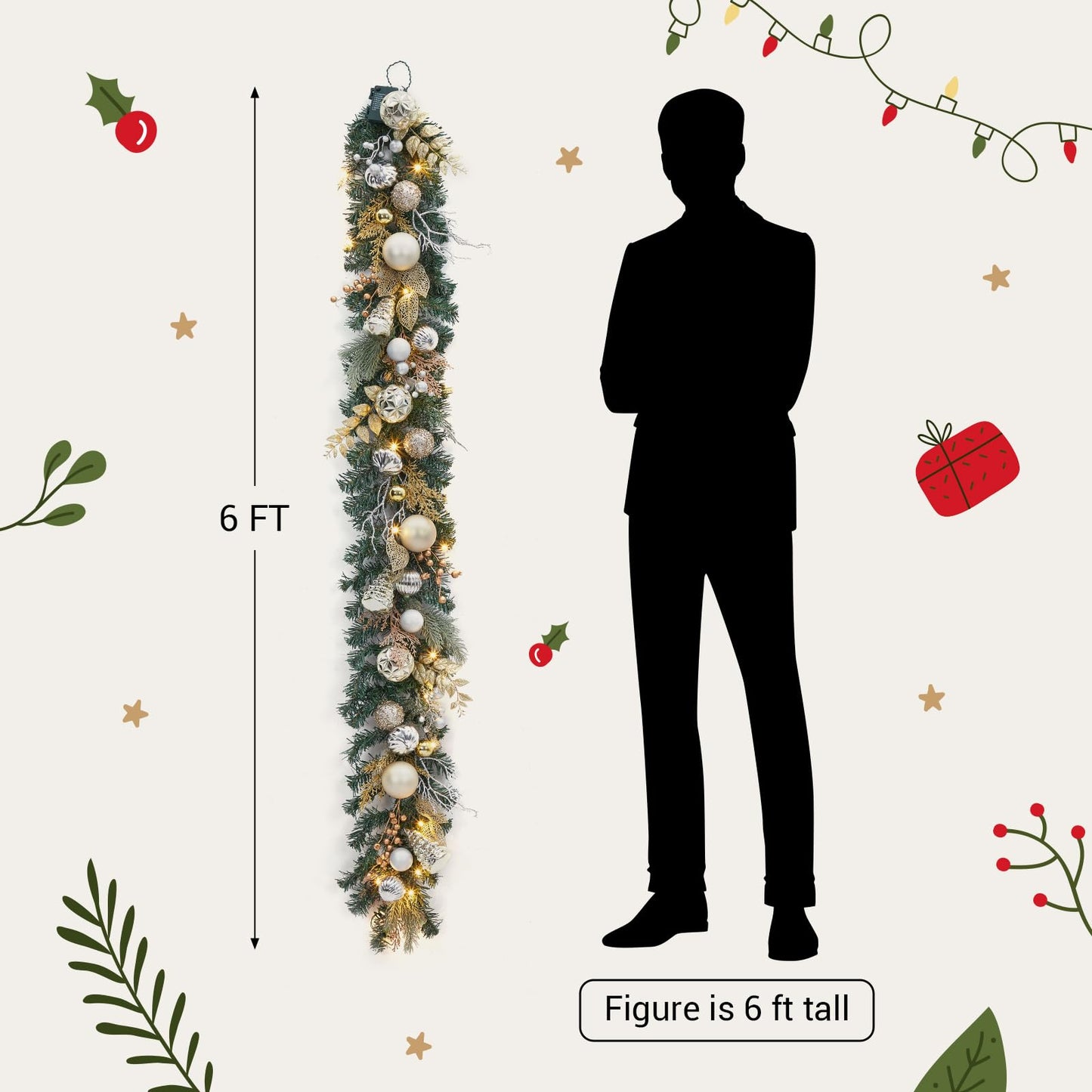 FairyLee 6ft Battery Operated Christmas Garland with 20 LED Lights & Timer, Pre-Lit Artificial Garland for Mantle, Staircase, Table, Indoor Outdoor Xmas Holiday Decor,Gold