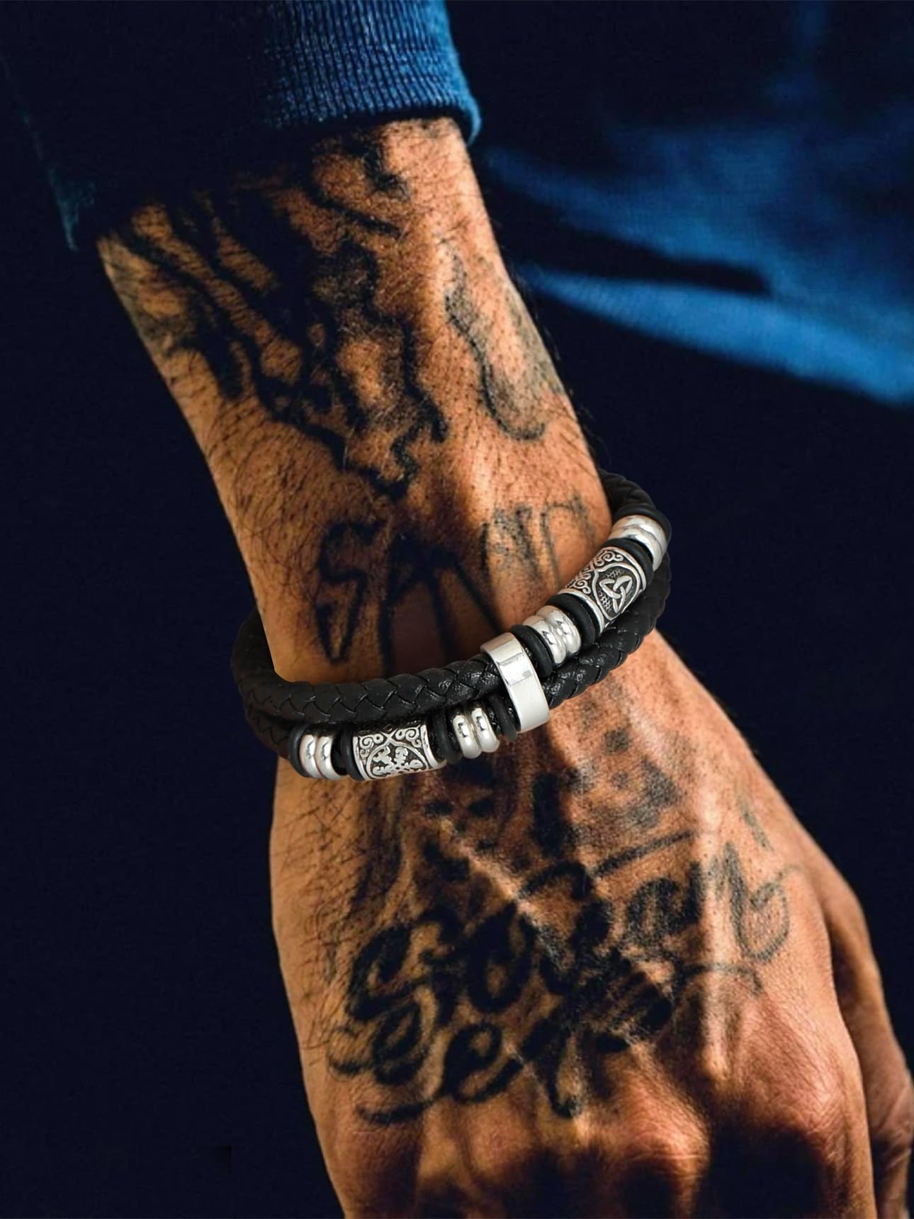 Bestyle Black Leather Bracelet for Men Double Layer Mens Leather Celtic Bracelets with Lucky Beads, Fashion Punk Retro Men Wristband Leather Bracelet Great Gift for Father Husband, 23cm/9.1 Inch