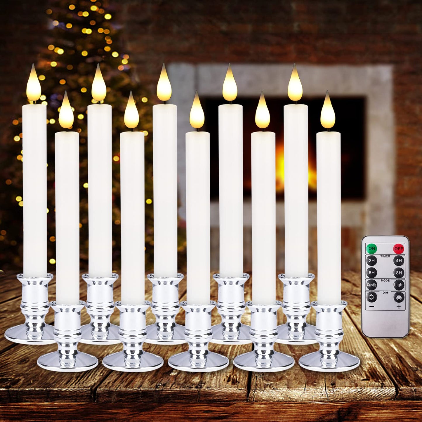 Bociks Flameless Window Candles with Remote Timer 10 PCS Battery Operated LED Flickering Taper Candle Lights with Removable Sliver Candle Holders Best Gift for Xmas Wedding Home Dinner Décor