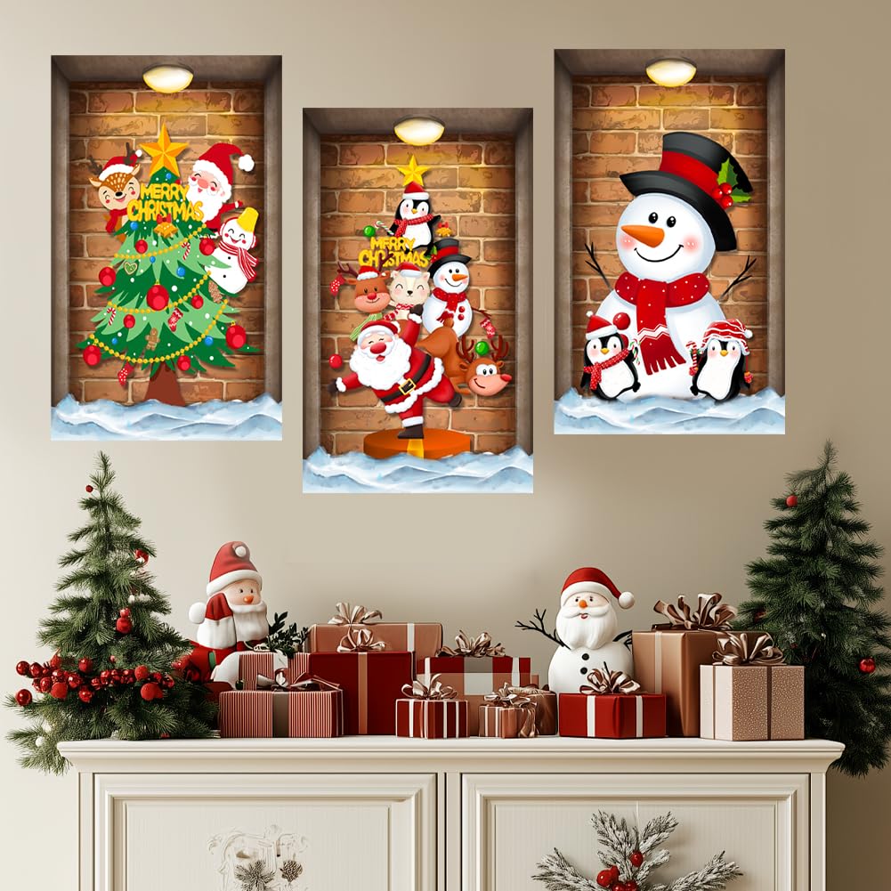 3 Pcs Christmas Wall Decals Christmas Tree Snowman Santa Claus Faux Closet Wall Stickers 3D Realistic Wall Art Mural for Xmas Holiday Festival Party Supplie