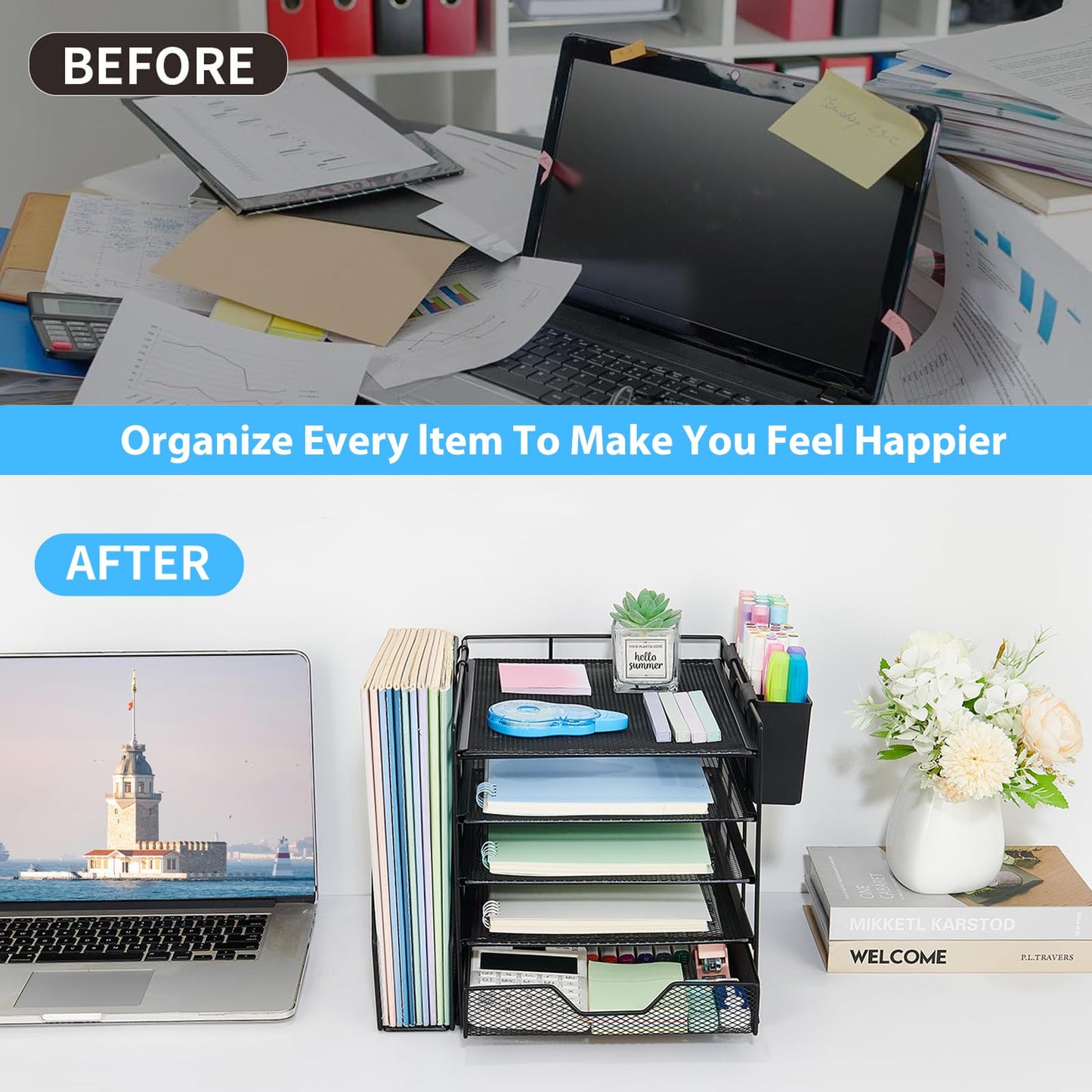 Gugsey Desk Organizer, 5-Tier Paper Letter Tray Organizer with File Holder, Drawer and Pen Holder, Desktop Organizer for Office Supplies, Black